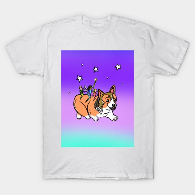 Magical Corgi running with fairies on his back T-Shirt by HappyPawtraits